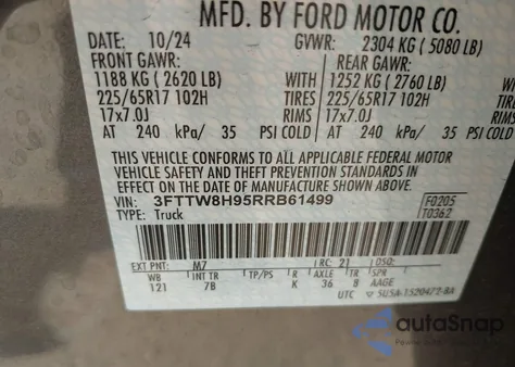 2024 Ford Maverick Xlt из США, поврежденный, VIN 3FTTW8H95RRB61499